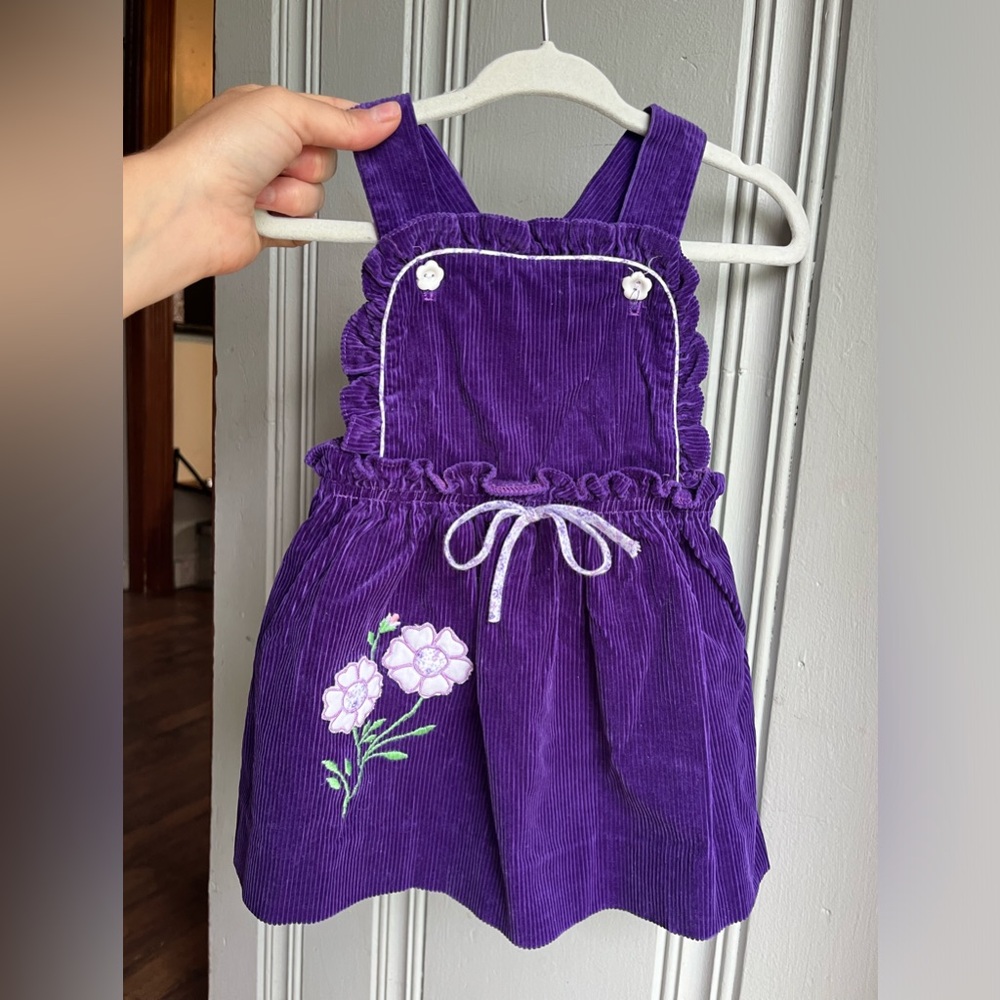 Size 2 Vintage Tiny Tots Purple Corduroy Dress with Floral Embroidery